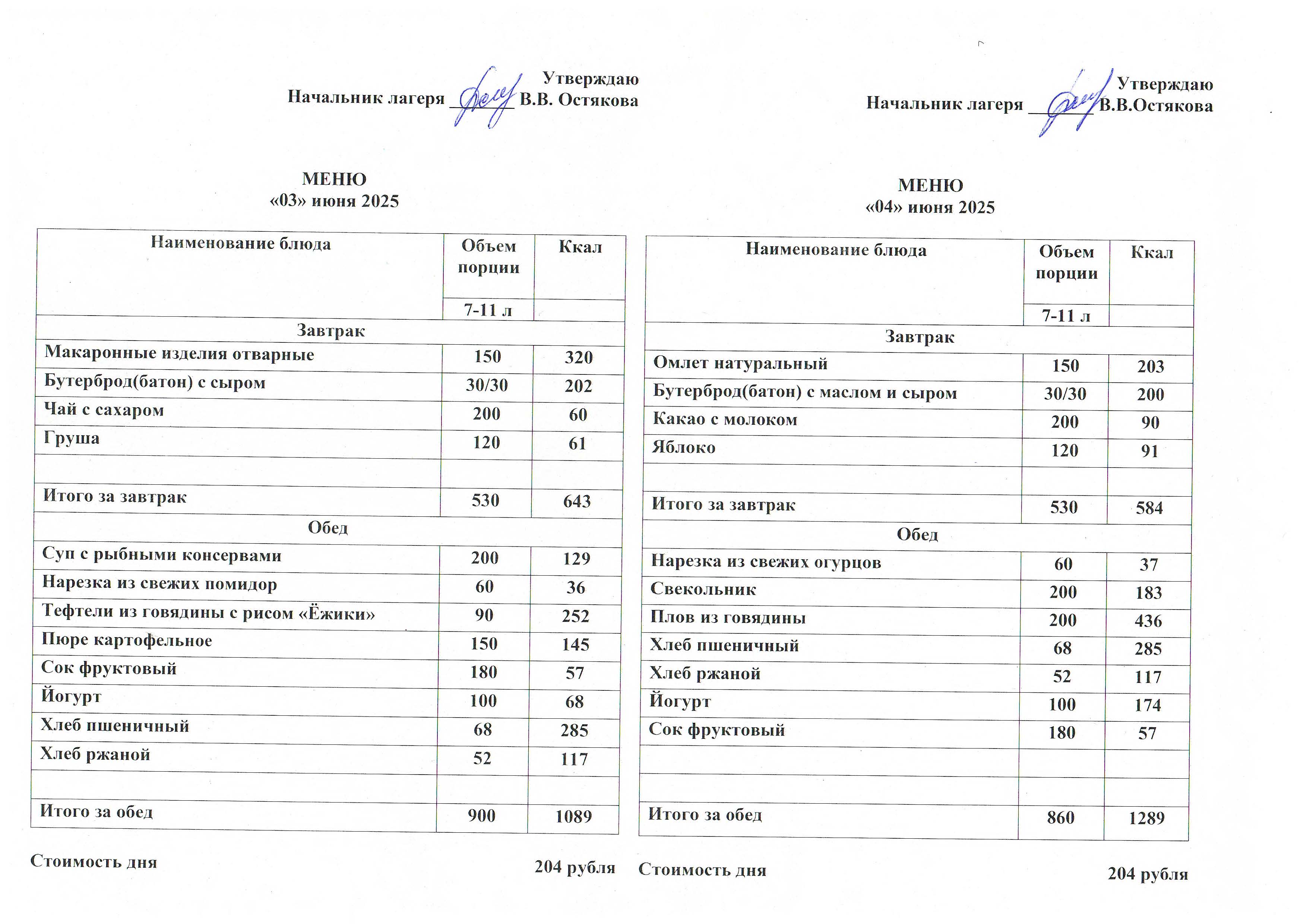 Меню_3 и 4 июня 2025 Лагерь.