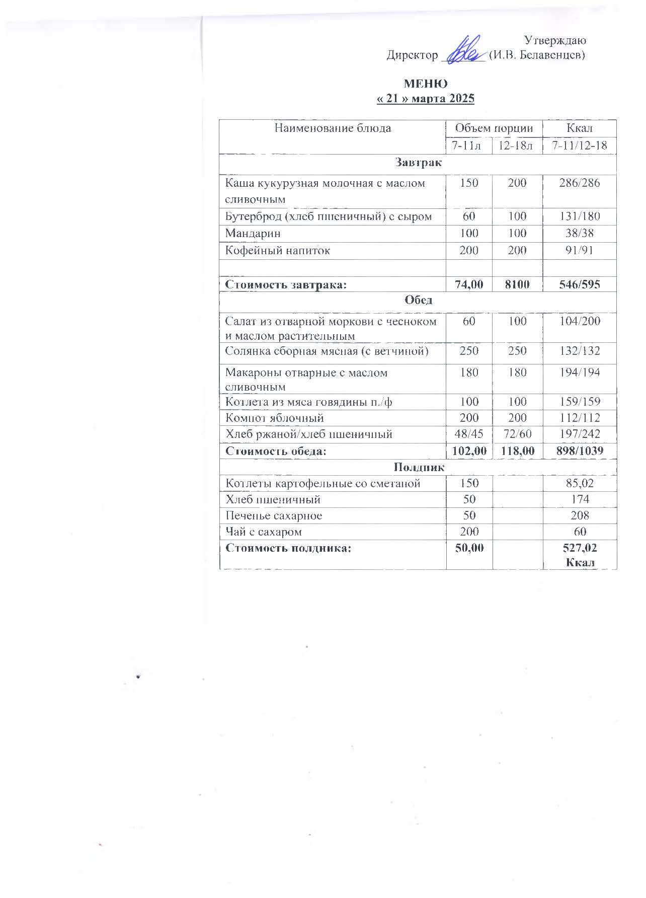 меню 21.03.25.